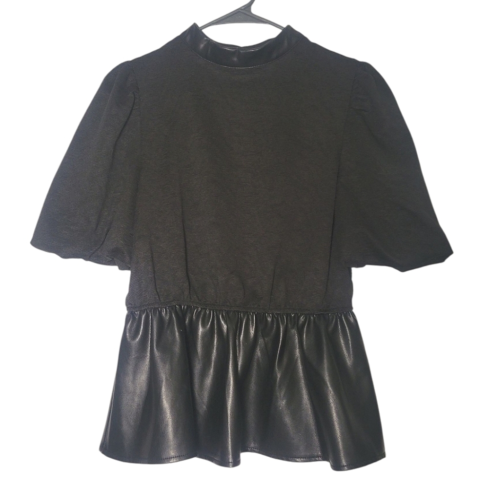 Voy Black Faux Leather Peplum Top Puffed Short Sleeve Textured Moto Chic SM